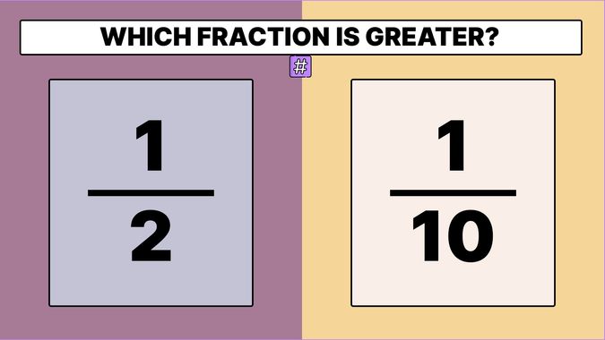 Fraction 1/2 displayed on one side and fraction 1/10 displayed on the other side