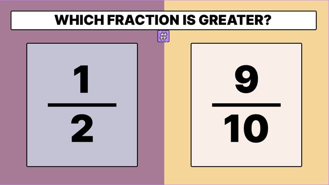 Fraction 1/2 displayed on one side and fraction 9/10 displayed on the other side