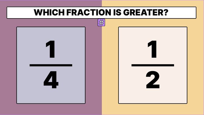 Fraction 1/4 displayed on one side and fraction 1/2 displayed on the other side