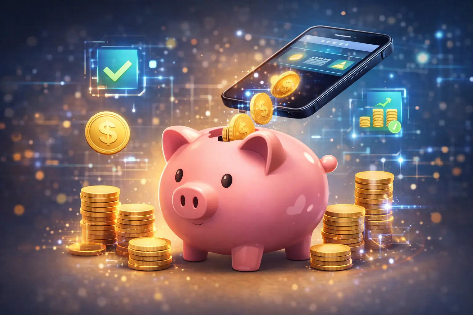 Piggy bank surrounded by automated savings signals