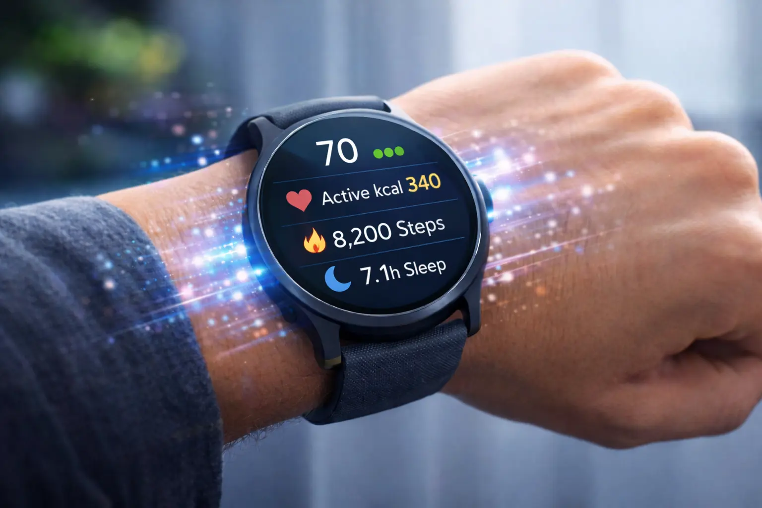 Smartwatch displaying health tracking metrics powered by AI